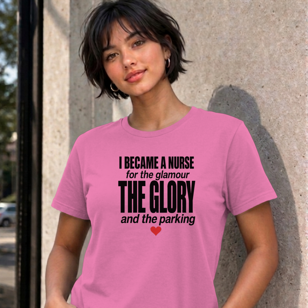 Woman wearing the azalea Nurse Glamour graphic tee