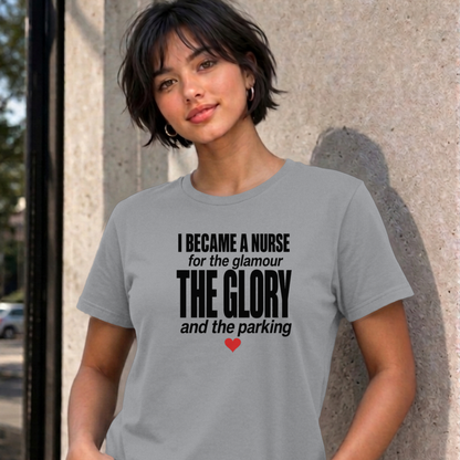 Woman wearing the sport grey Nurse Glamour graphic tee