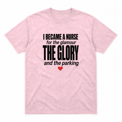 Nurse Glamour graphic tee in light pink with black print and red heart, front view
