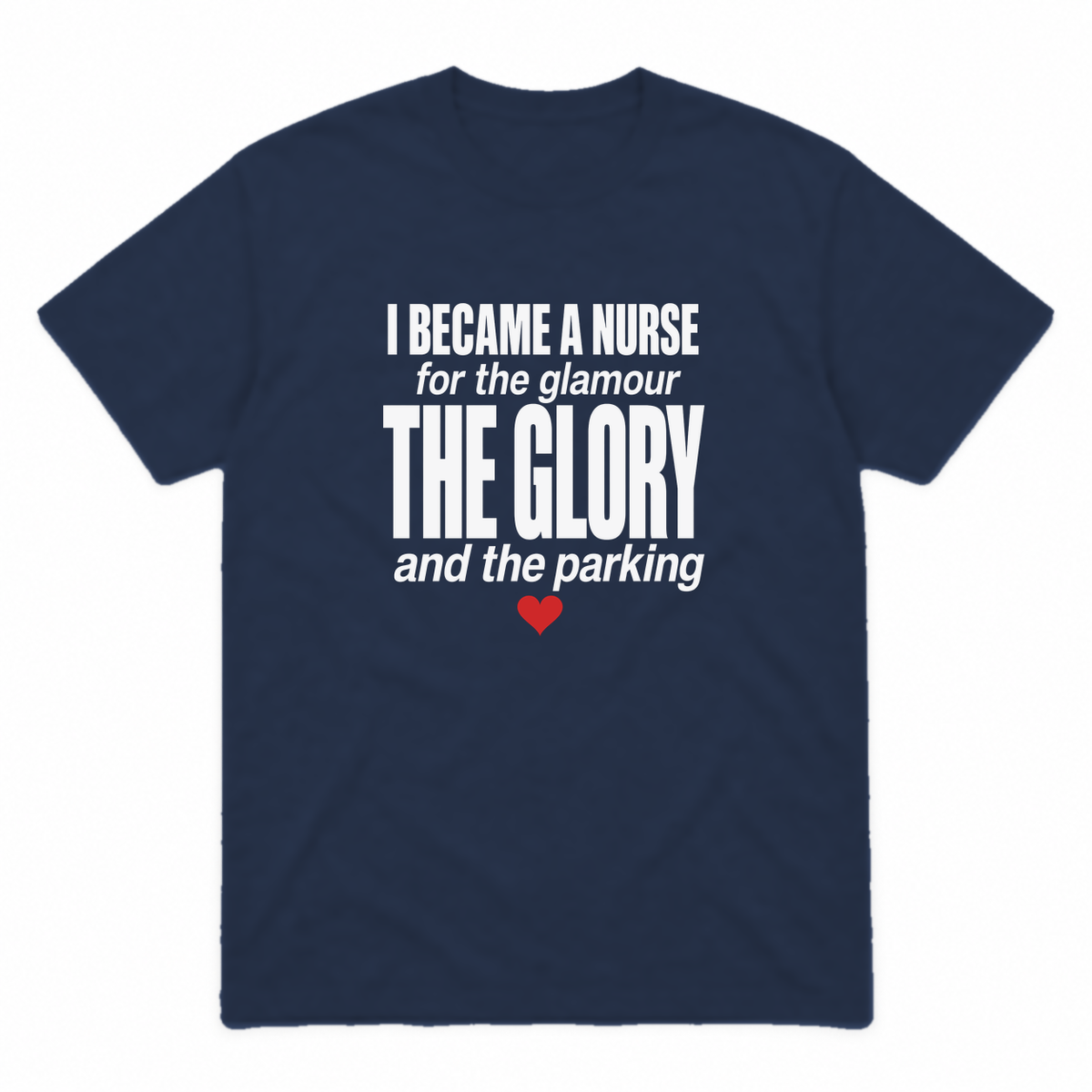 Nurse Glamour graphic tee in navy with white print and red heart, front view