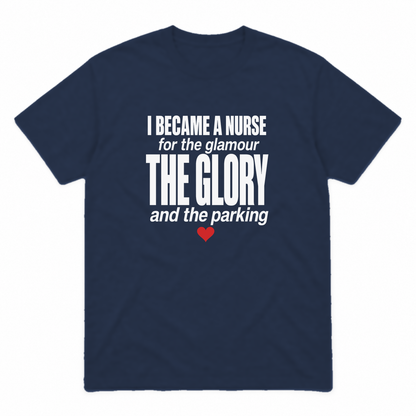 Nurse Glamour graphic tee in navy with white print and red heart, front view