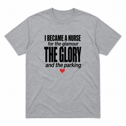 Nurse Glamour graphic tee in sport grey with black print and red heart, front view