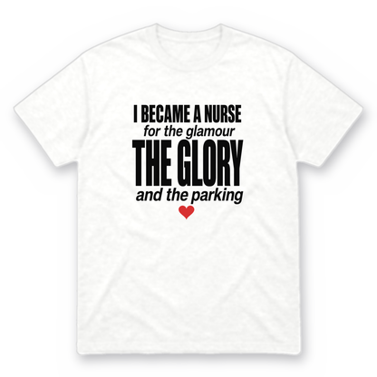 Nurse Glamour graphic tee in white with black print and red heart, front view