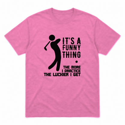 The More I Practice graphic tee in azalea with black print, front view