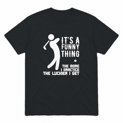 The More I Practice graphic tee in black with white print, front view