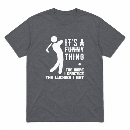 The More I Practice graphic tee in charcoal with white print, front view