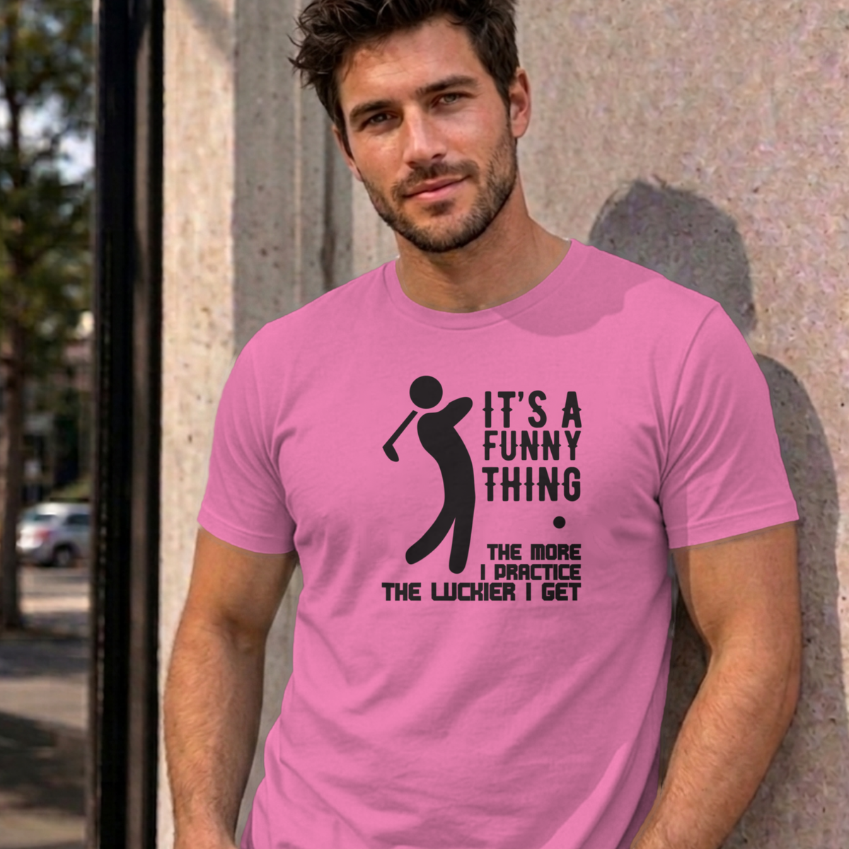 Man wearing the azalea The More I Practice graphic tee