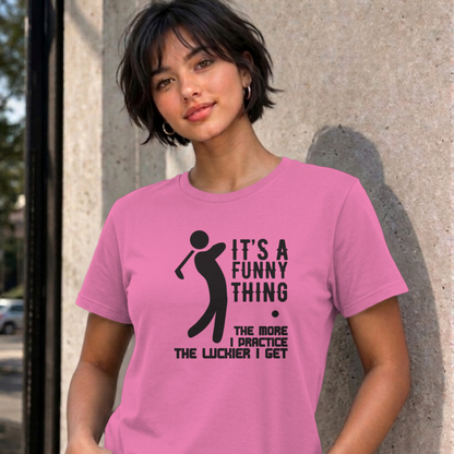 Woman wearing the azalea The More I Practice graphic tee