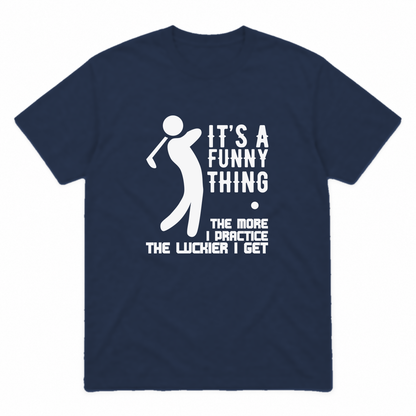 The More I Practice graphic tee in navy with white print, front view