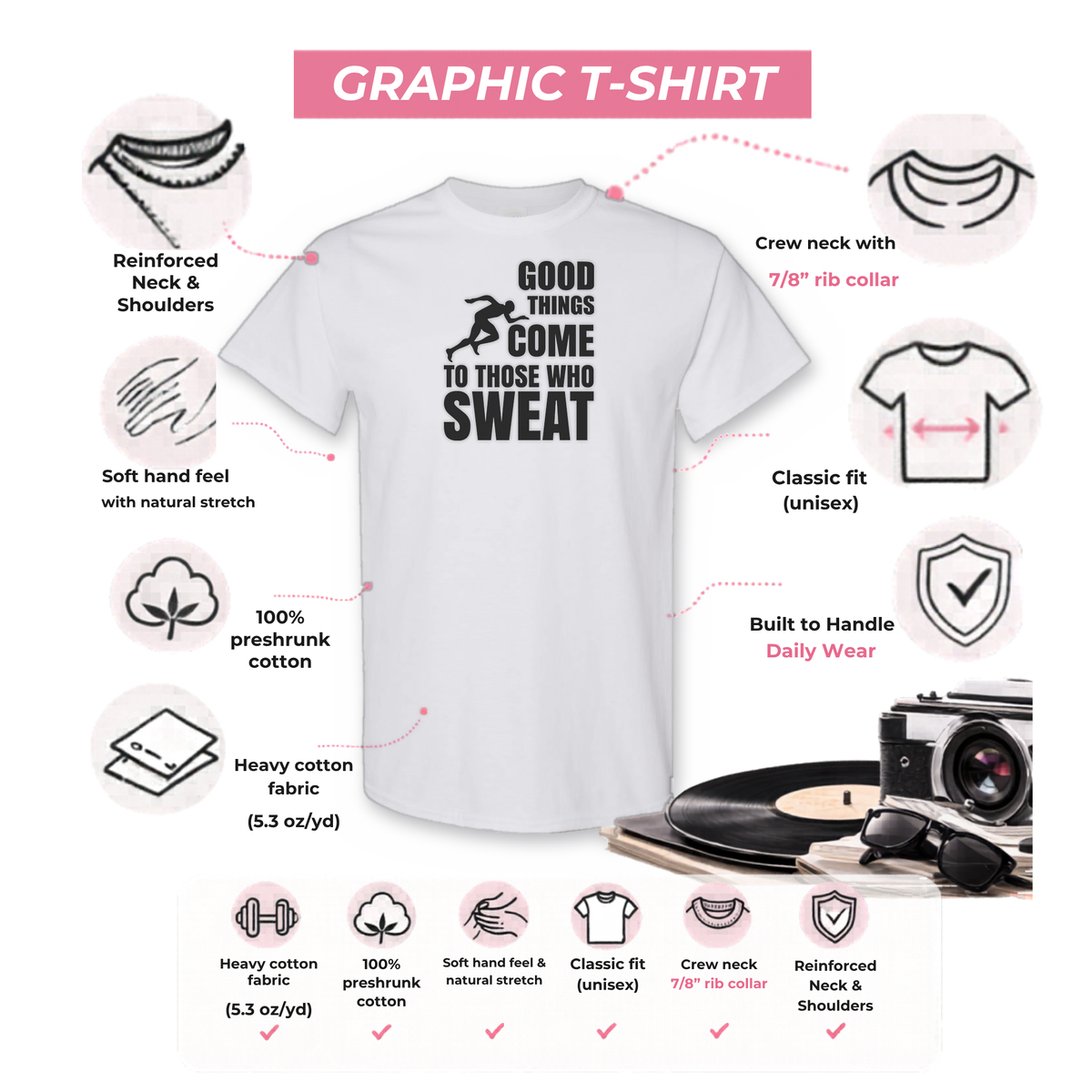 Gildan 5000 graphic tee features: reinforced neck, rib collar, classic unisex fit, heavy cotton