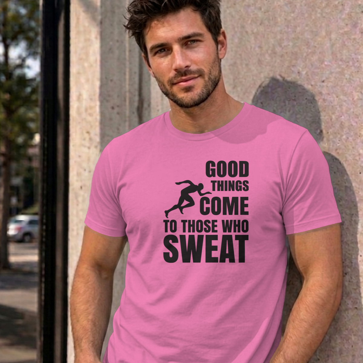 Man wearing the azalea Good Things Come to Those Who Sweat graphic tee