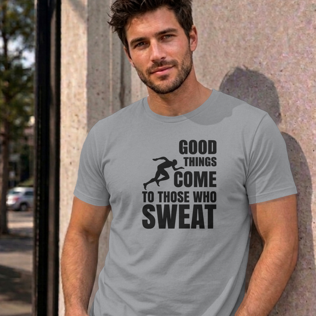 Man wearing the sport grey Good Things Come to Those Who Sweat graphic tee