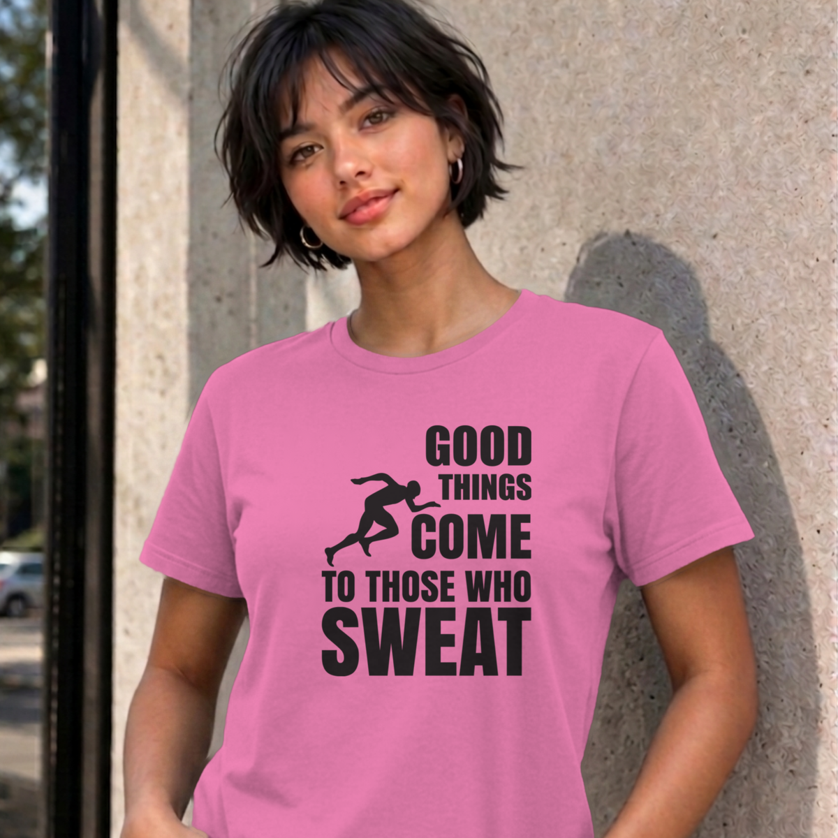 Woman wearing the azalea Good Things Come to Those Who Sweat graphic tee
