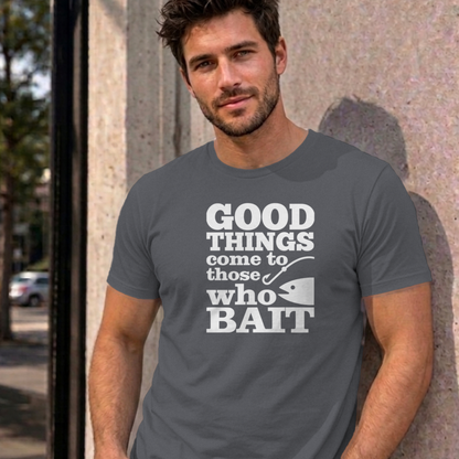Man wearing the charcoal Good Things Come to Those Who Bait graphic tee