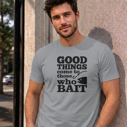Man wearing the sport grey Good Things Come to Those Who Bait graphic tee
