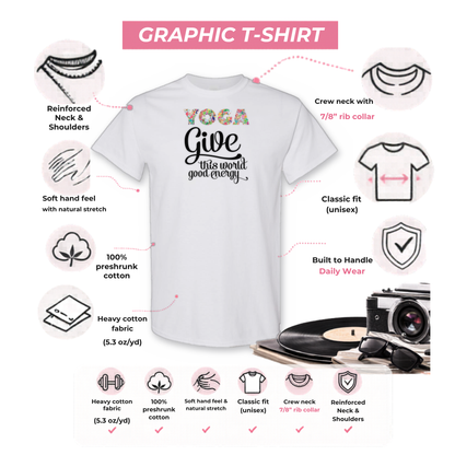 Gildan 5000 graphic tee features: reinforced neck, rib collar, classic unisex fit, heavy cotton