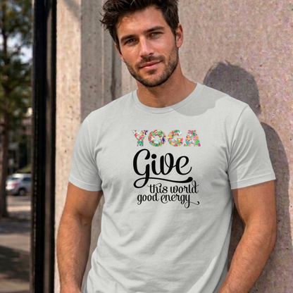 Man wearing the ash Give This World Good Energy graphic tee