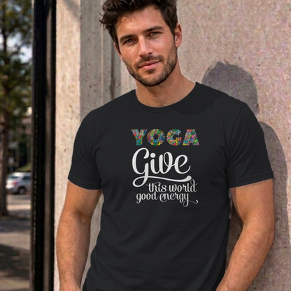 Man wearing the black Give This World Good Energy graphic tee