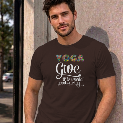 Man wearing the dark chocolate Give This World Good Energy graphic tee