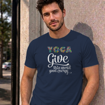 Man wearing the navy Give This World Good Energy graphic tee