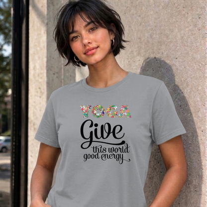 Woman wearing the sport grey Give This World Good Energy graphic tee