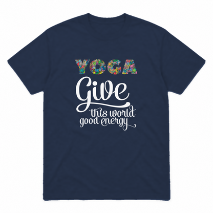 Give This World Good Energy graphic tee in navy with white print, front view