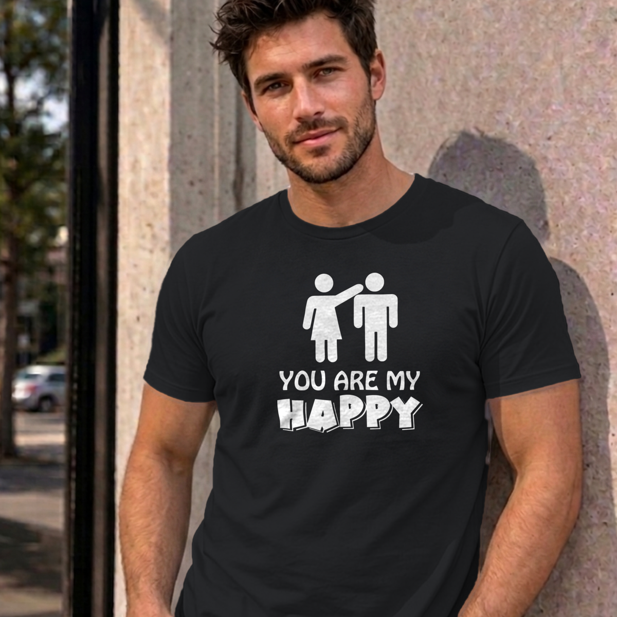 Man wearing the black You Are My Happy graphic tee
