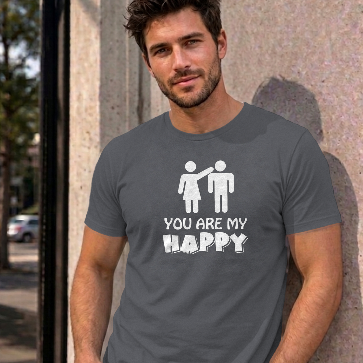 Man wearing the charcoal You Are My Happy graphic tee