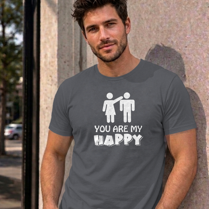Man wearing the charcoal You Are My Happy graphic tee