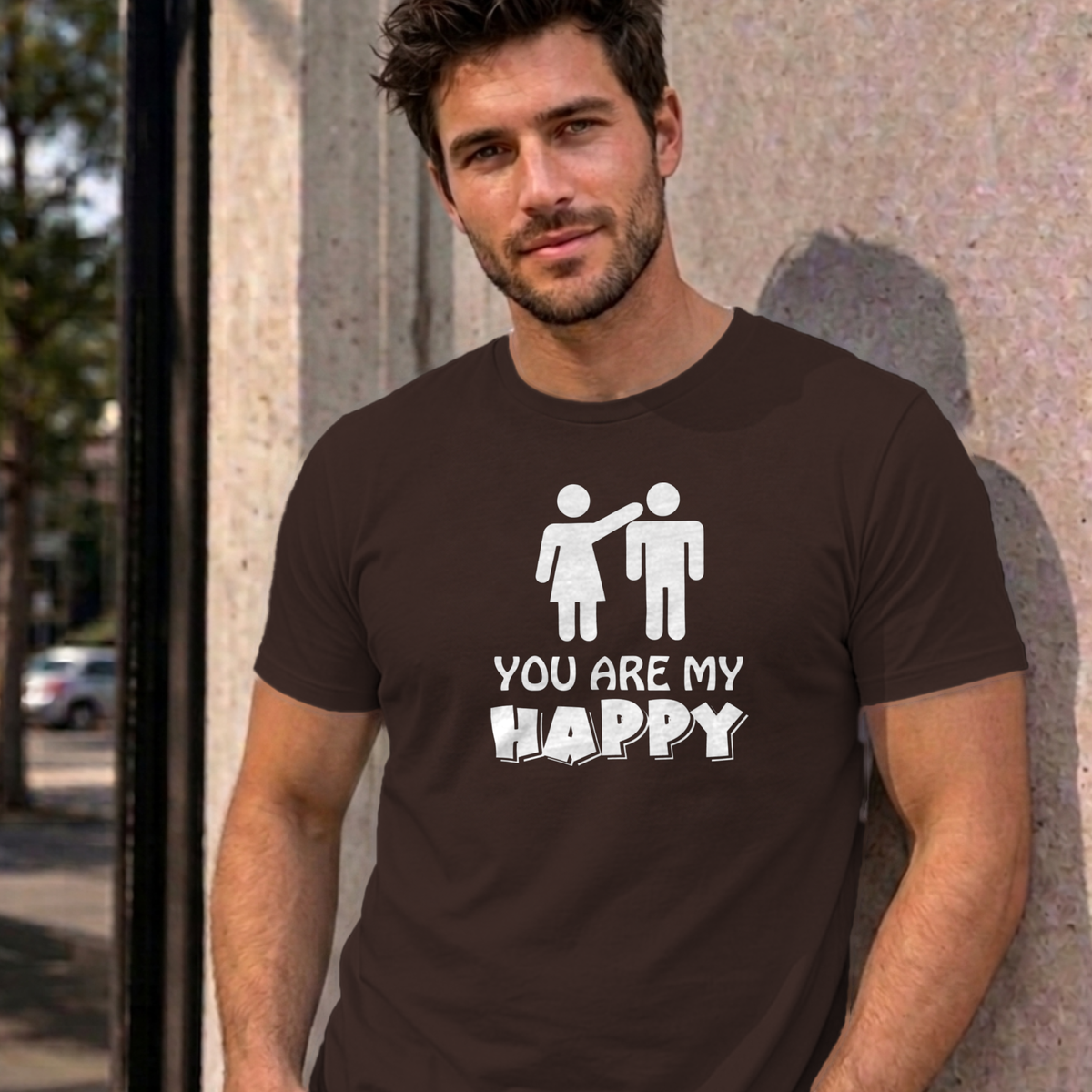 Man wearing the dark chocolate You Are My Happy graphic tee