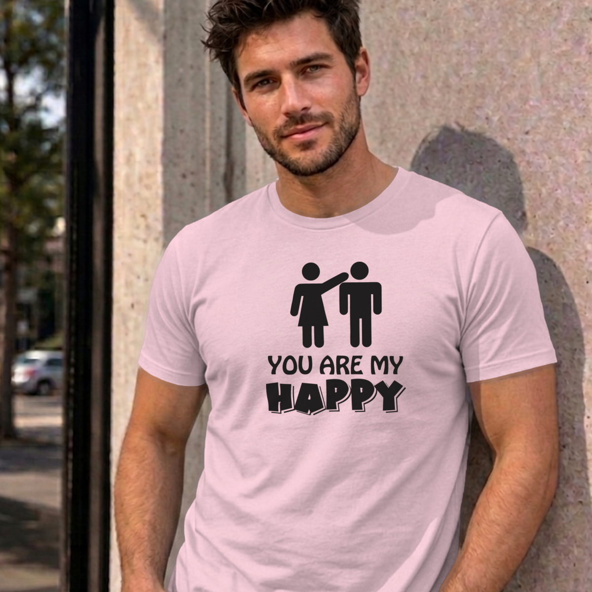 Man wearing the light pink You Are My Happy graphic tee