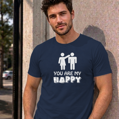 Man wearing the navy You Are My Happy graphic tee