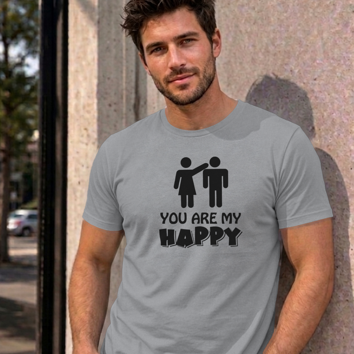 Man wearing the sport grey You Are My Happy graphic tee