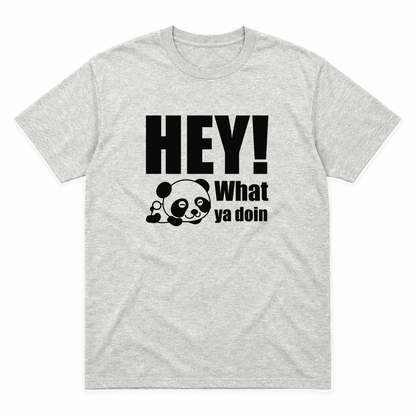 Hey! What Ya Doin graphic tee in ash with black print, front view