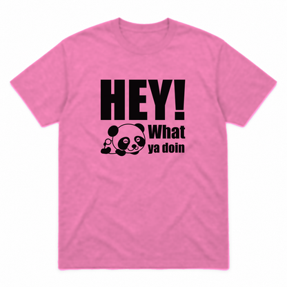 Hey! What Ya Doin graphic tee in azalea with black print, front view