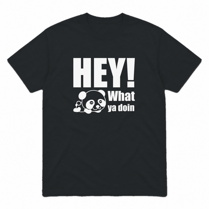 Hey! What Ya Doin graphic tee in black with white print, front view