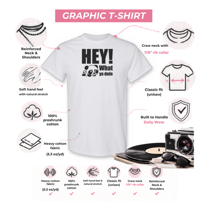 Gildan 5000 graphic tee features: reinforced neck, rib collar, classic unisex fit, heavy cotton