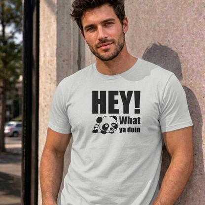Man wearing the ash Hey! What Ya Doin graphic tee