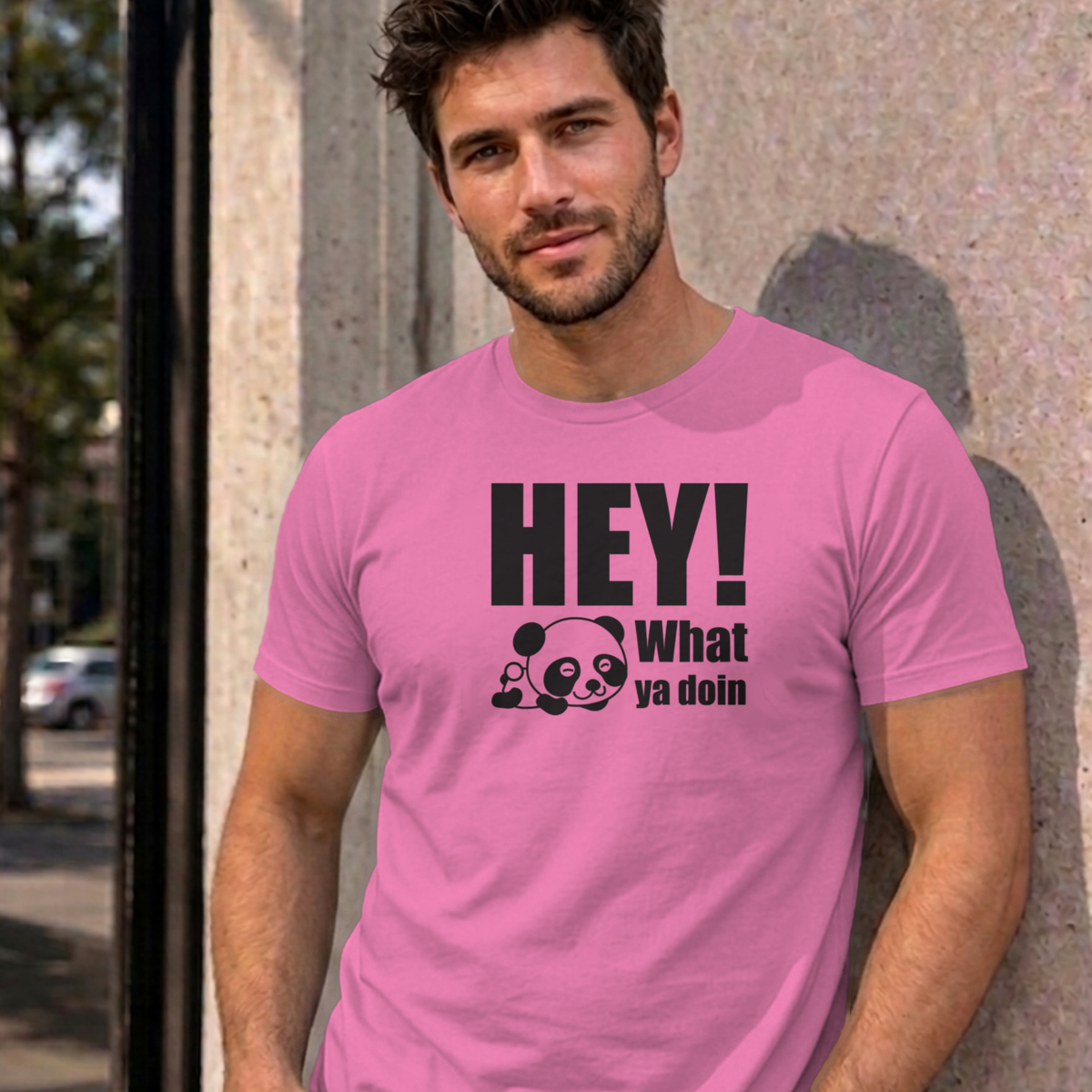 Man wearing the azalea Hey! What Ya Doin graphic tee