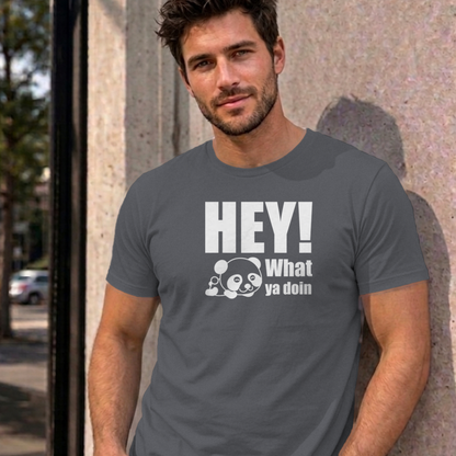 Man wearing the charcoal Hey! What Ya Doin graphic tee
