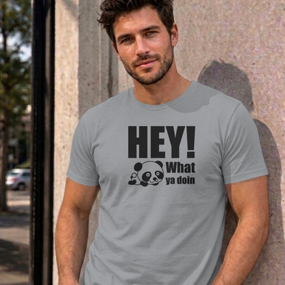 Man wearing the sport grey Hey! What Ya Doin graphic tee