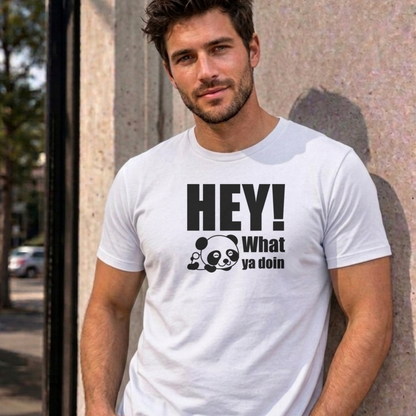 Man wearing the white Hey! What Ya Doin graphic tee