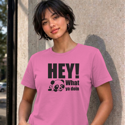 Woman wearing the azalea Hey! What Ya Doin graphic tee