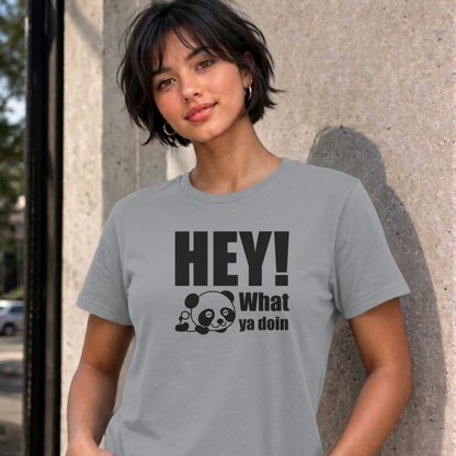 Woman wearing the sport grey Hey! What Ya Doin graphic tee