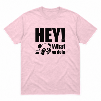 Hey! What Ya Doin graphic tee in light pink with black print, front view