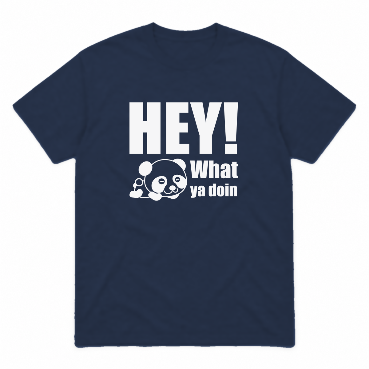 Hey! What Ya Doin graphic tee in navy with white print, front view