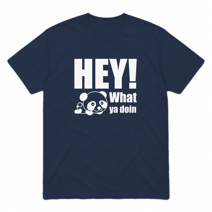 Hey! What Ya Doin graphic tee in navy with white print, front view