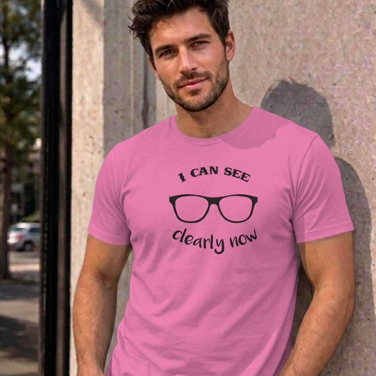 Man wearing the azalea I Can See Clearly Now graphic tee