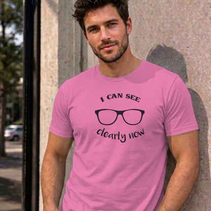 Man wearing the azalea I Can See Clearly Now graphic tee