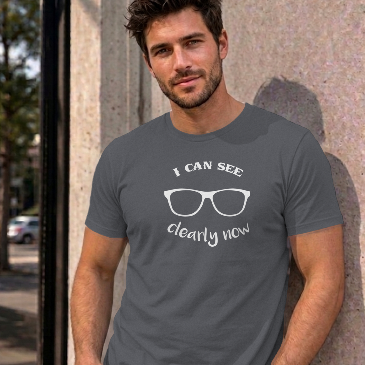 Man wearing the charcoal I Can See Clearly Now graphic tee